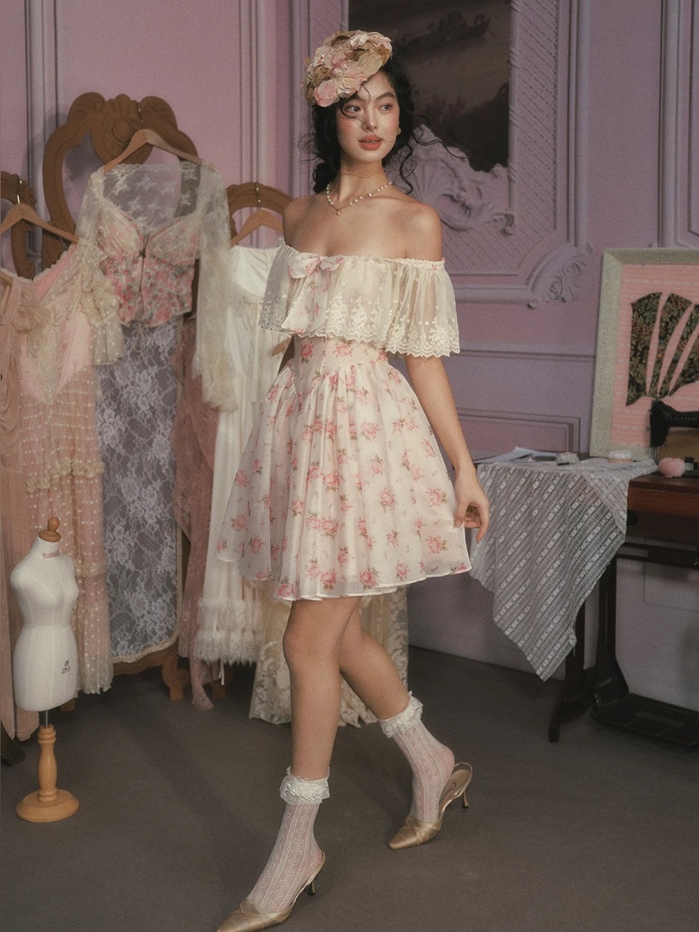 🌷👛👑👠LaceMade-Off-Shoulder Pink Floral Circle Skirt